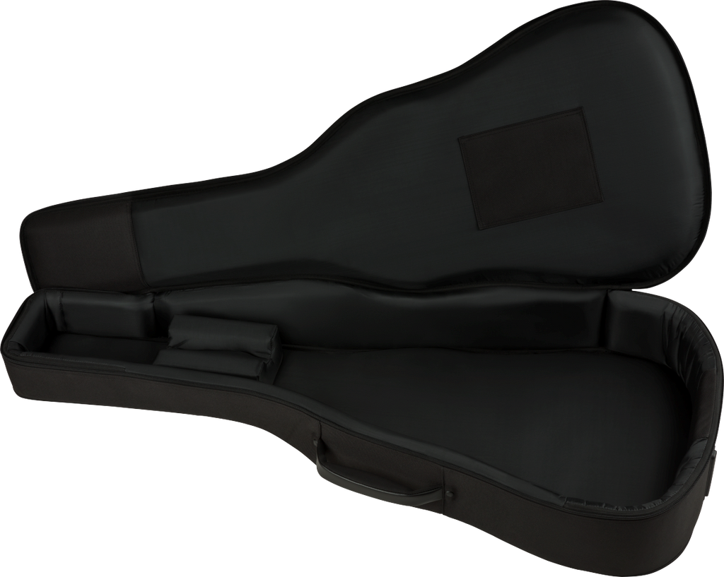 Fender Busker Dreadnought gig case in black, durable guitar bag with handle and shoulder straps for easy transport.