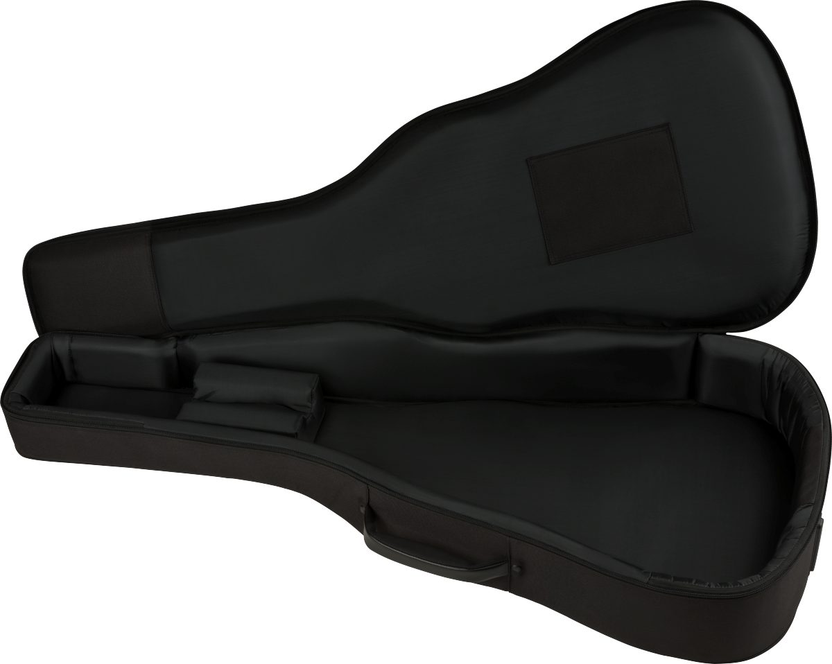 Fender Busker Dreadnought gig case in black, durable guitar bag with handle and shoulder straps for easy transport.