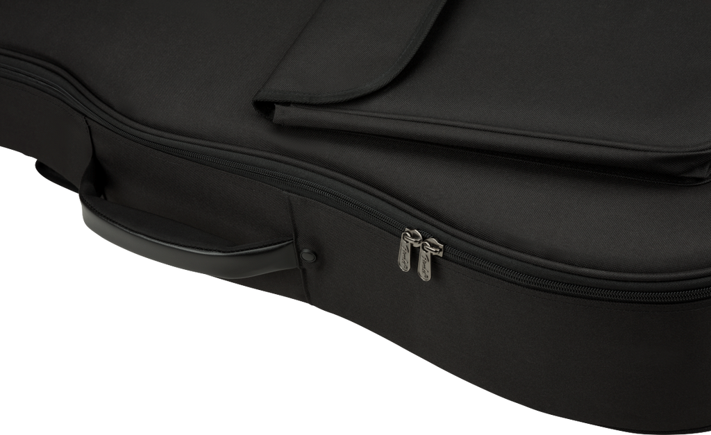 Black Fender Busker Dreadnought guitar gig case with padded exterior and handle for easy transport and protection.