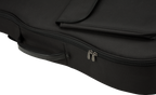 Black Fender Busker Dreadnought guitar gig case with padded exterior and handle for easy transport and protection.