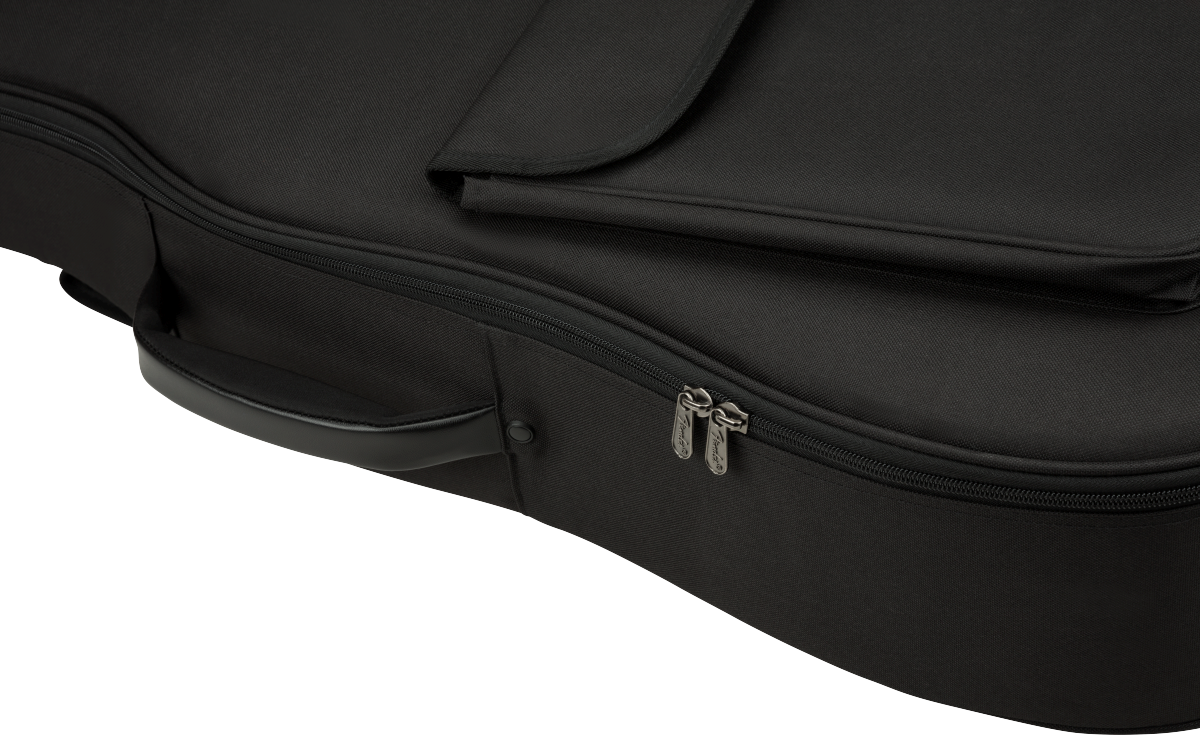 Black Fender Busker Dreadnought guitar gig case with padded exterior and handle for easy transport and protection.