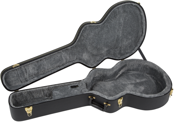 Black Gretsch G6241FT 16-inch hollow body guitar flat top hardshell case showing exterior with handle and latches.