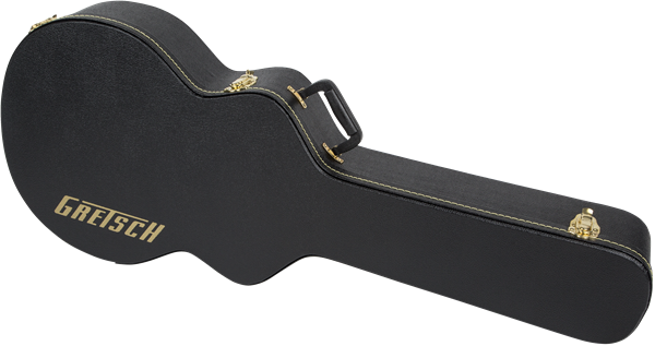 Black Gretsch G6241FT 16-inch hollow body guitar case with hardshell exterior and plush interior padding.