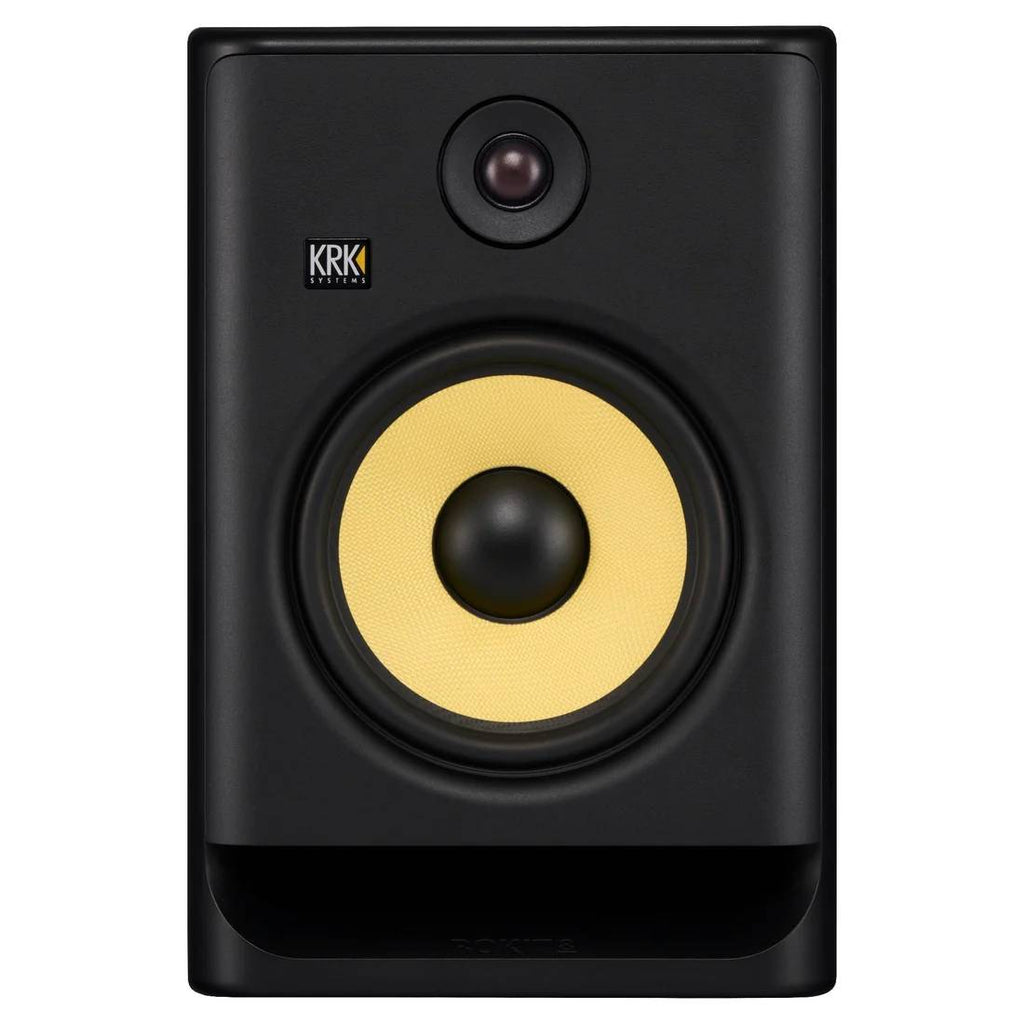 KRK Rokit RP8G5 studio monitor speaker in black with front grille removed, showcasing the high-quality audio driver and design.