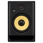 KRK Rokit RP8G5 studio monitor speaker in black with front grille removed, showcasing the high-quality audio driver and design.