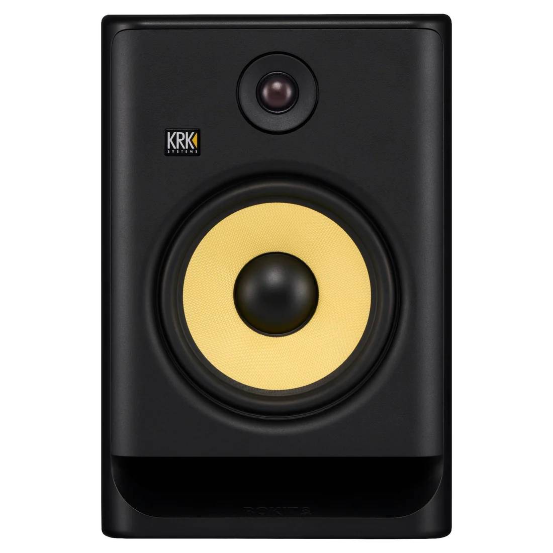 KRK Rokit RP8G5 studio monitor speaker in black with front grille removed, showcasing the high-quality audio driver and design.