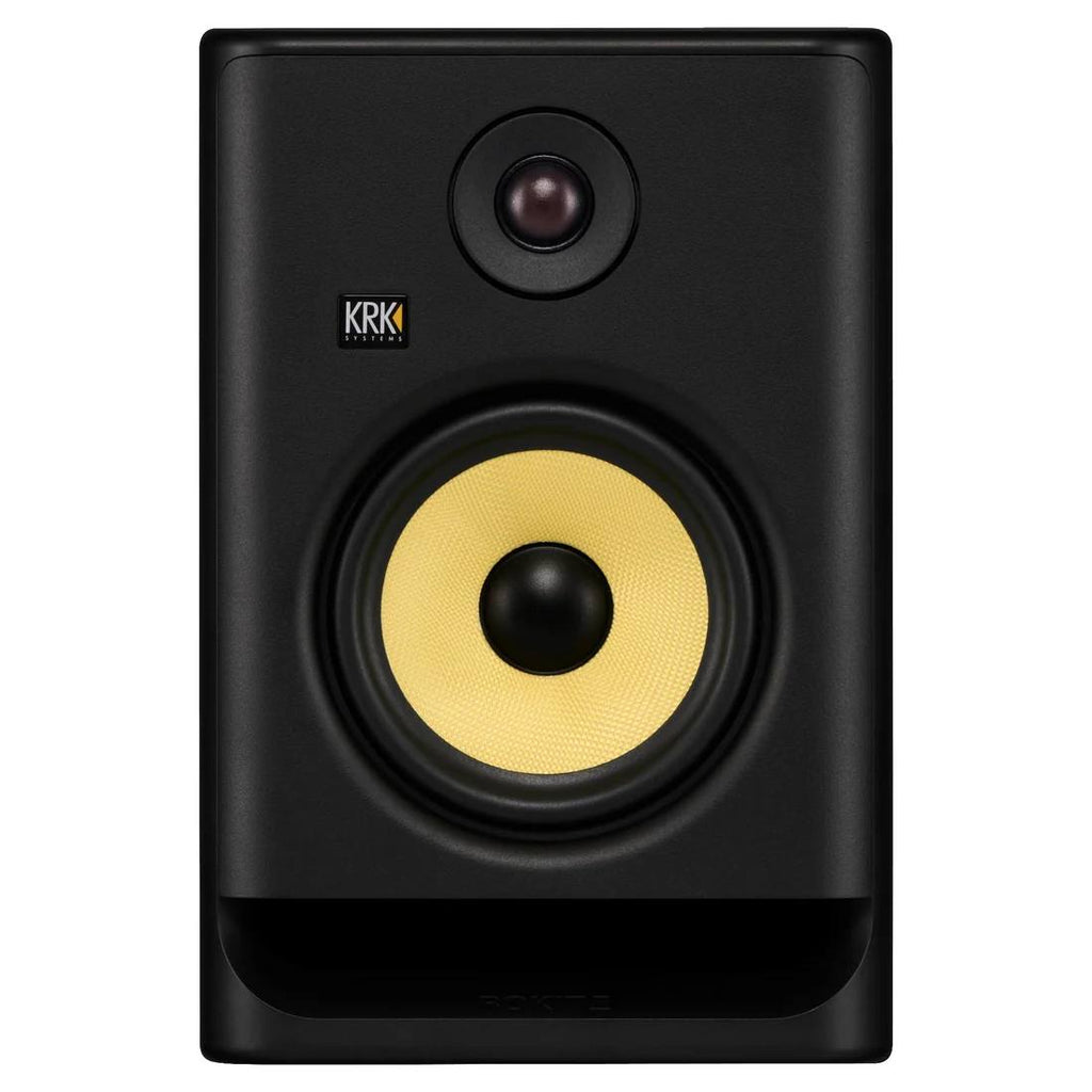 KRK Rokit RP7G5 Studio Monitor Speaker from the front without grille, showcasing the black speaker cone and branding.