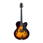 Heritage Eagle Classic hollow electric guitar with sunburst finish and case, showcasing its body, neck, and hardware details.