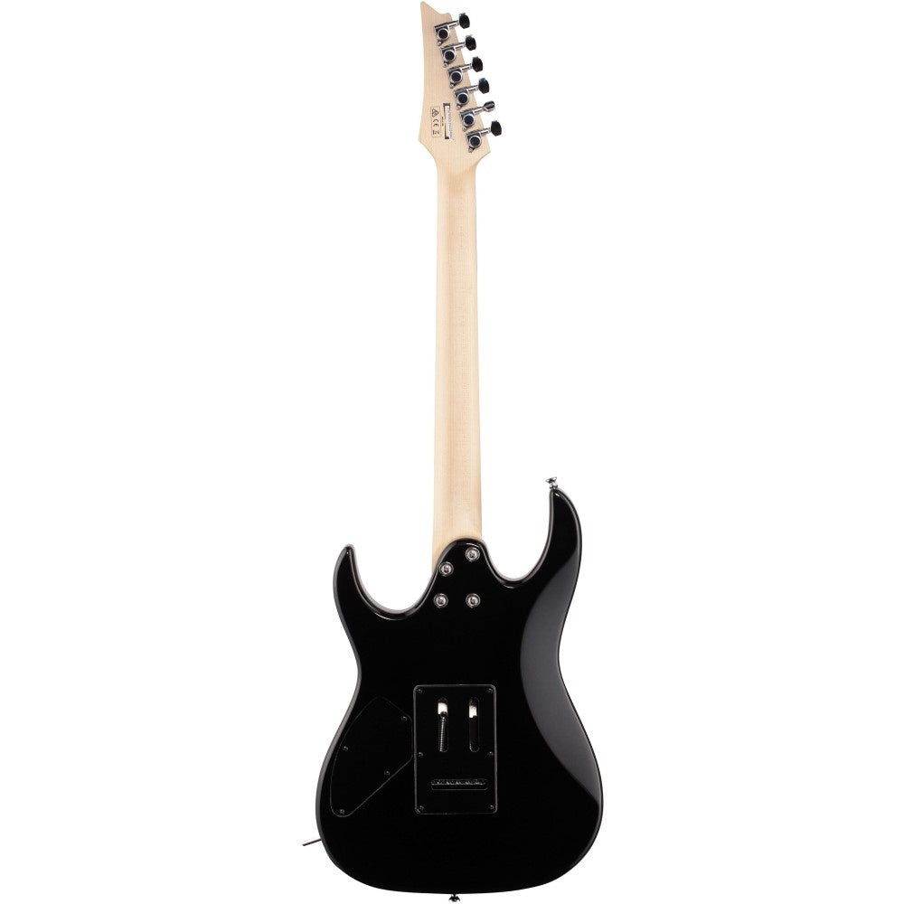 Ibanez GRX70QA TKS electric guitar in transparent black sunburst finish, showcasing its body, pickguard, and fretboard details.