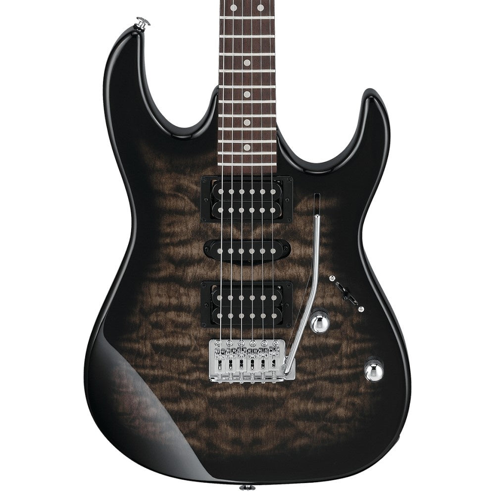 Ibanez GRX70QA TKS electric guitar in transparent black sunburst finish with a sleek body and multiple pickups.