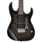 Ibanez GRX70QA TKS electric guitar in transparent black sunburst finish with a sleek body and multiple pickups.
