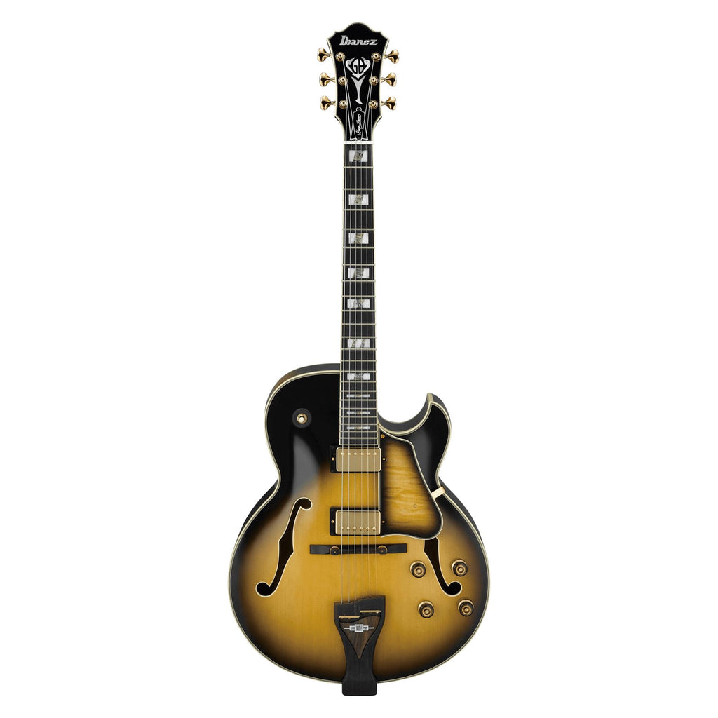 Ibanez LGB300 George Benson Signature electric guitar with maple neck in vintage yellow sunburst finish, showcasing its body and hardware.