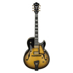 Ibanez LGB300 George Benson Signature electric guitar with maple neck in vintage yellow sunburst finish, showcasing its body and hardware.