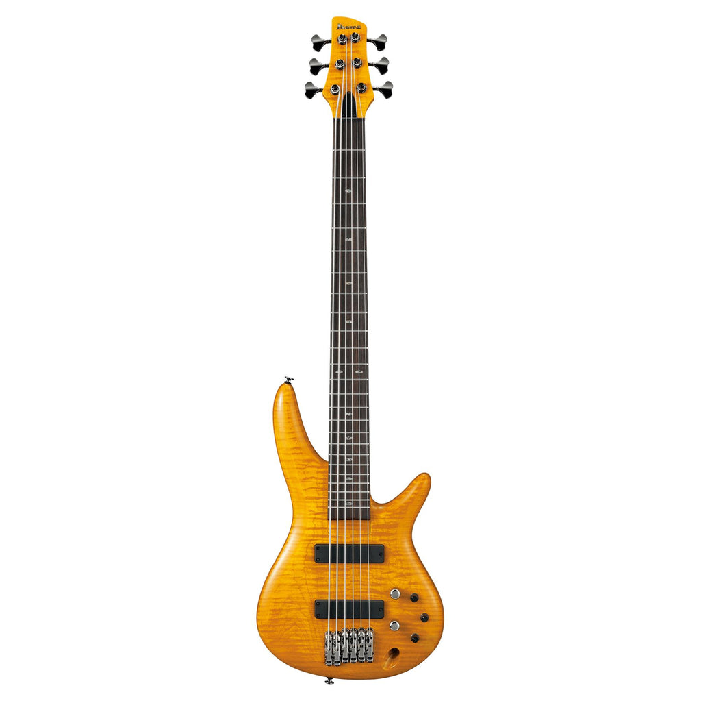 Ibanez GVB1006 Gerald Veasley Signature 6-string bass guitar in amber color, detailed view of the instrument's body and neck.