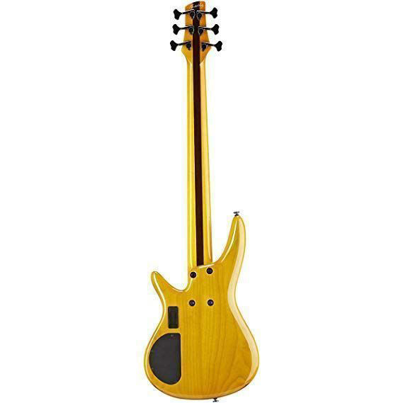 Ibanez GVB1006 Gerald Veasley signature 6-string bass guitar in amber with sleek body and four control knobs.