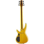 Ibanez GVB1006 Gerald Veasley signature 6-string bass guitar in amber with sleek body and four control knobs.
