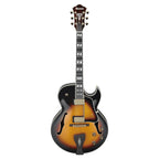 Ibanez LGB30 VYS George Benson Signature electric guitar in vintage yellow sunburst with a hollow body and classic design.