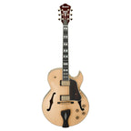 Ibanez LGB30 George Benson Signature electric guitar in natural finish, showing the sleek body and neck details.