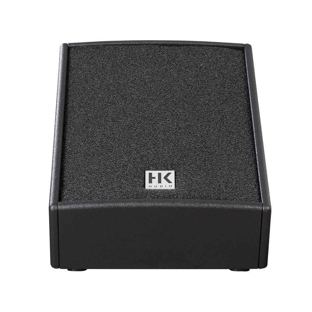 HK Audio PR:O 12M passive monitor speaker showing a sleek black design with drivers and connection ports.