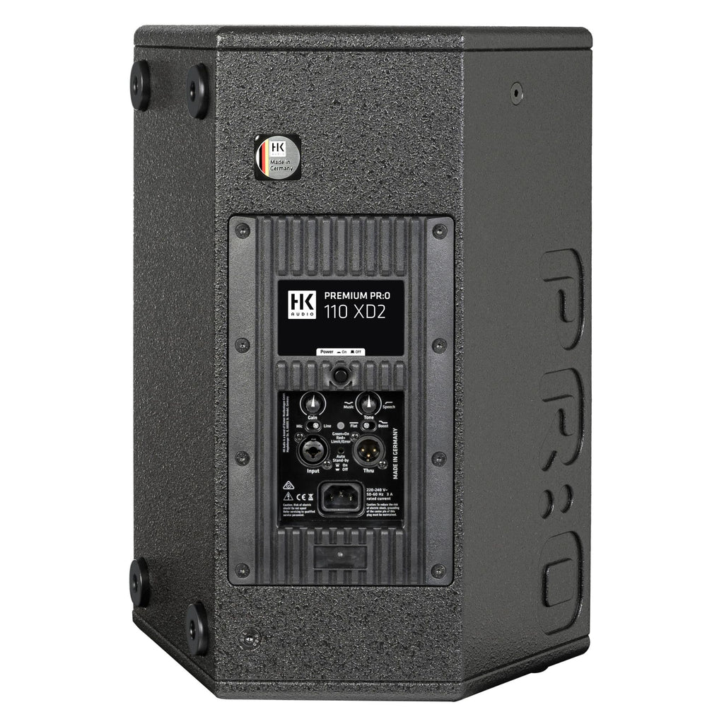 HK Audio PR:O 110 XD2 active powered speaker with sleek black enclosure and control panel, ideal for professional sound reinforcement.