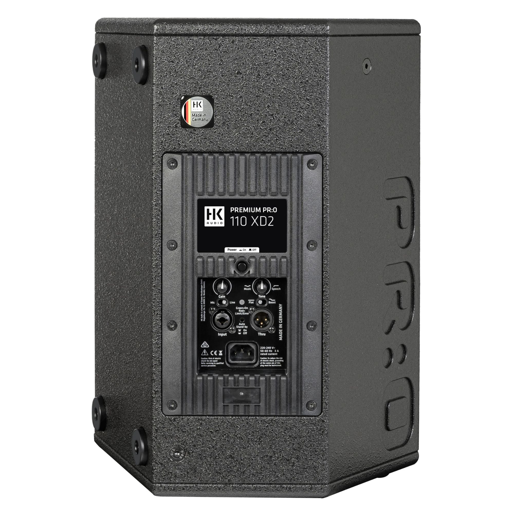HK Audio PR:O 110 XD2 active powered speaker with sleek black enclosure and control panel, ideal for professional sound reinforcement.