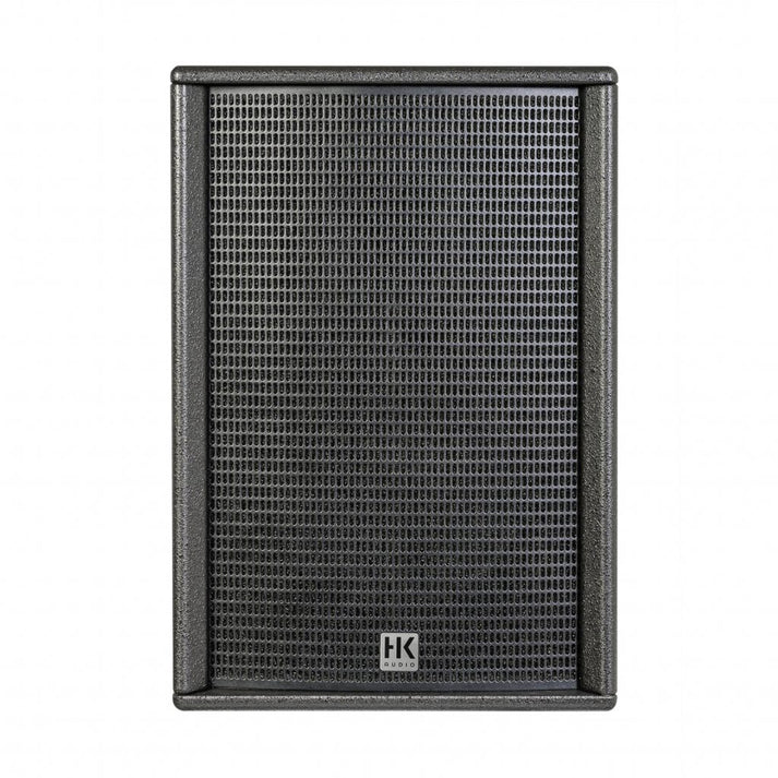 HK Audio Premium Pro 112 XD2 powered speaker with 12-inch driver and 1200 watt amplifier, shown in a professional audio setup.