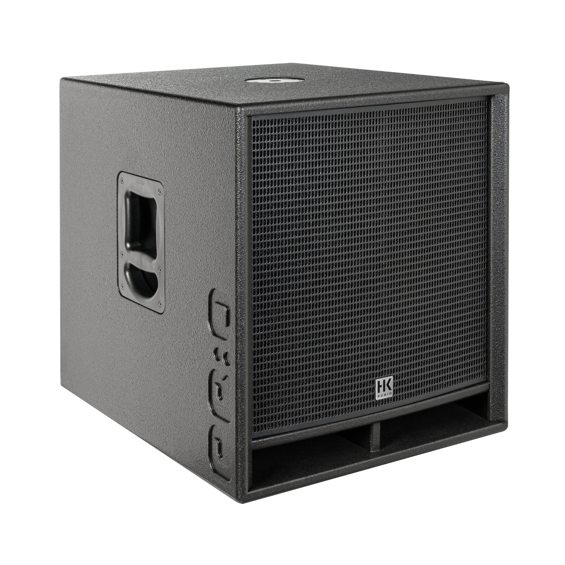 HK Audio HK Premium Pro 118 D2 powered subwoofer with sleek design and sturdy build, ideal for high-performance sound systems