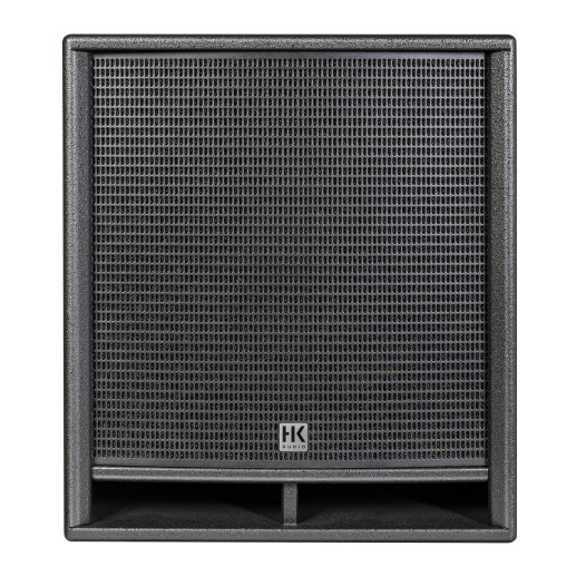 HK Audio HK Premium Pro 118 D2 powered subwoofer with speaker grille and control panel, designed for high-performance sound systems.
