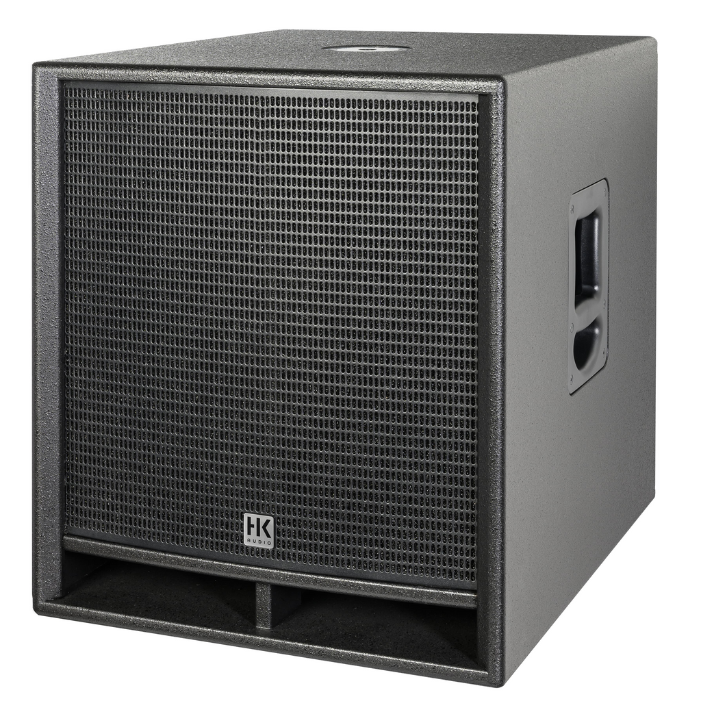 HK Audio HK Premium Pro 118 D2 powered subwoofer with sturdy enclosure and control panel, designed for high-performance sound reinforcement.