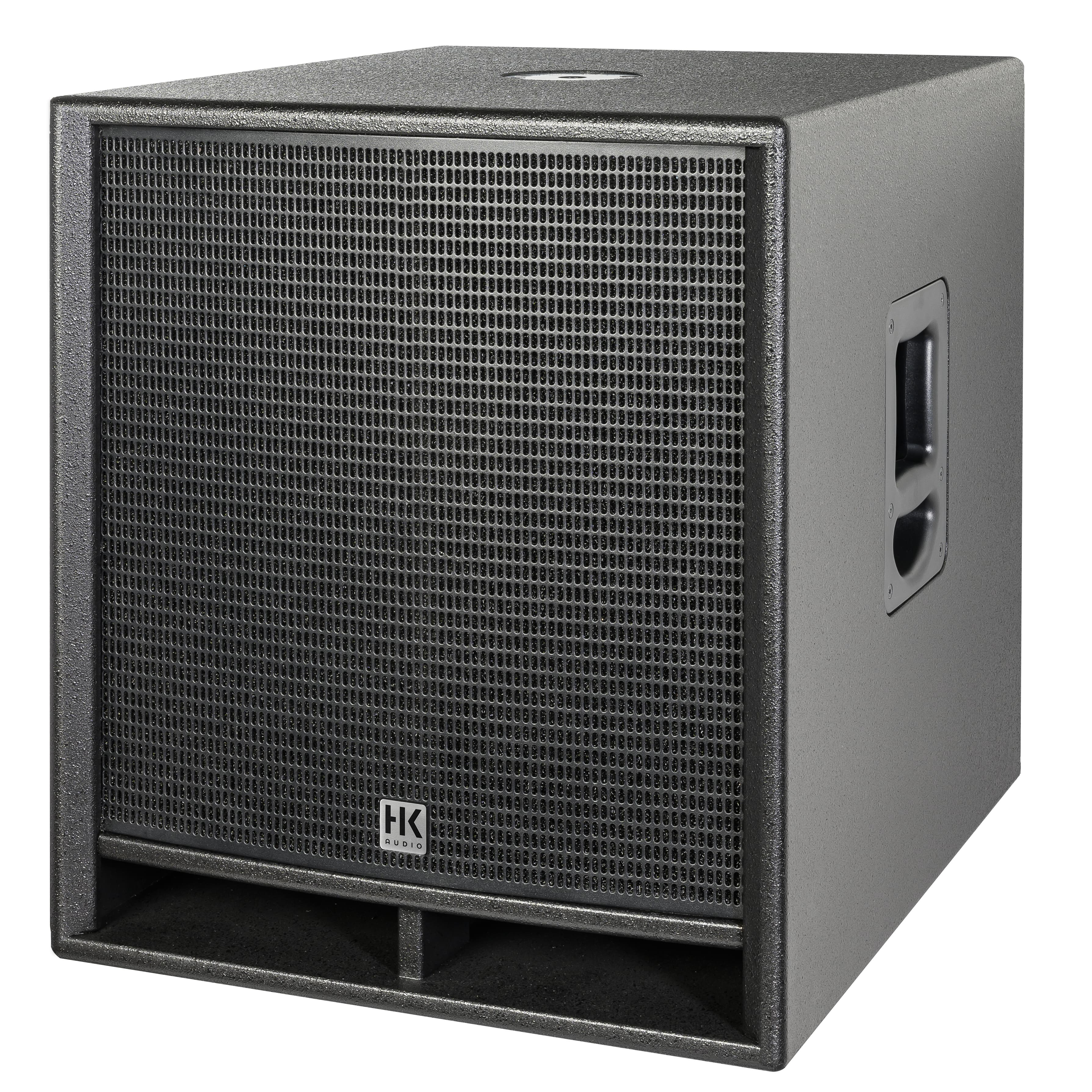 HK Audio HK Premium Pro 118 D2 powered subwoofer with sturdy enclosure and control panel, designed for high-performance sound reinforcement.