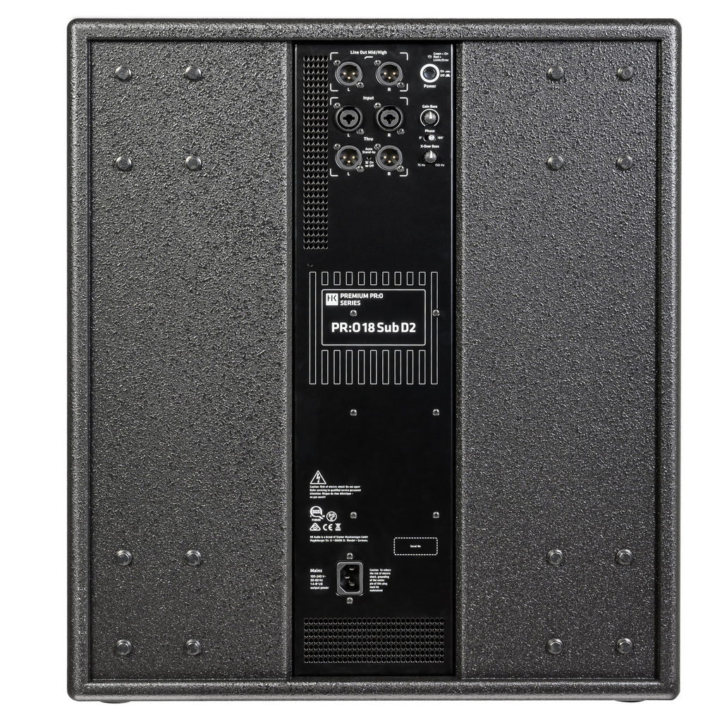 HK Audio HK Premium Pro 118 D2 powered subwoofer with rugged enclosure and control panel for professional audio setups