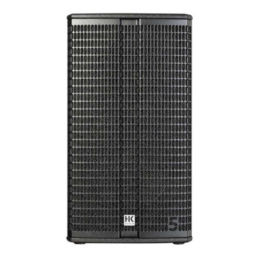 HK Audio Linear 5 MKII 112FA powered speaker showing a sleek black finish and front grille with control panel on top.