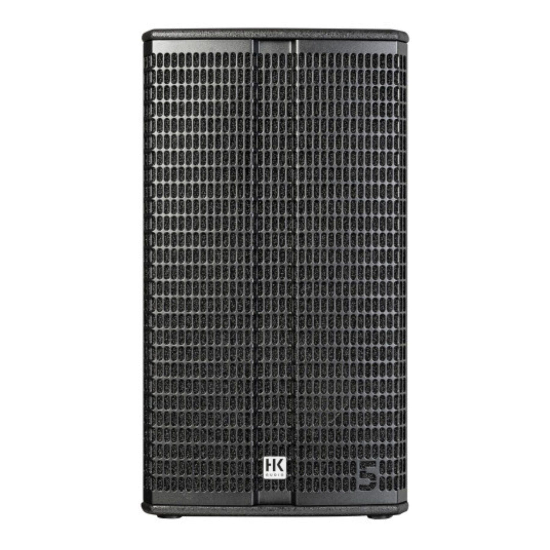 HK Audio Linear 5 MKII 112FA powered speaker showing a sleek black finish and front grille with control panel on top.