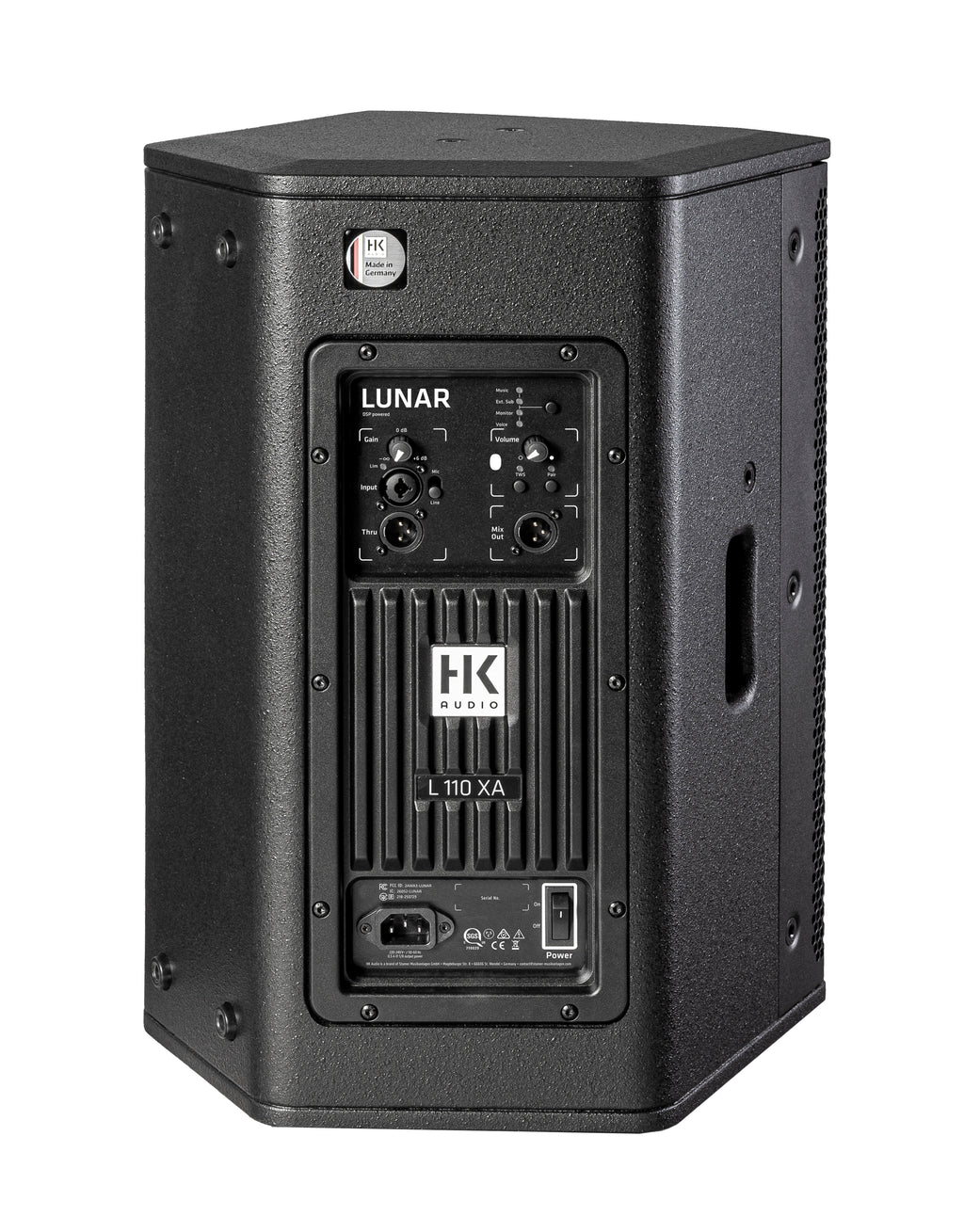 HK Audio LUNAR 110XA active PA speaker with rear controls and input ports, powered speaker for professional sound reinforcement.