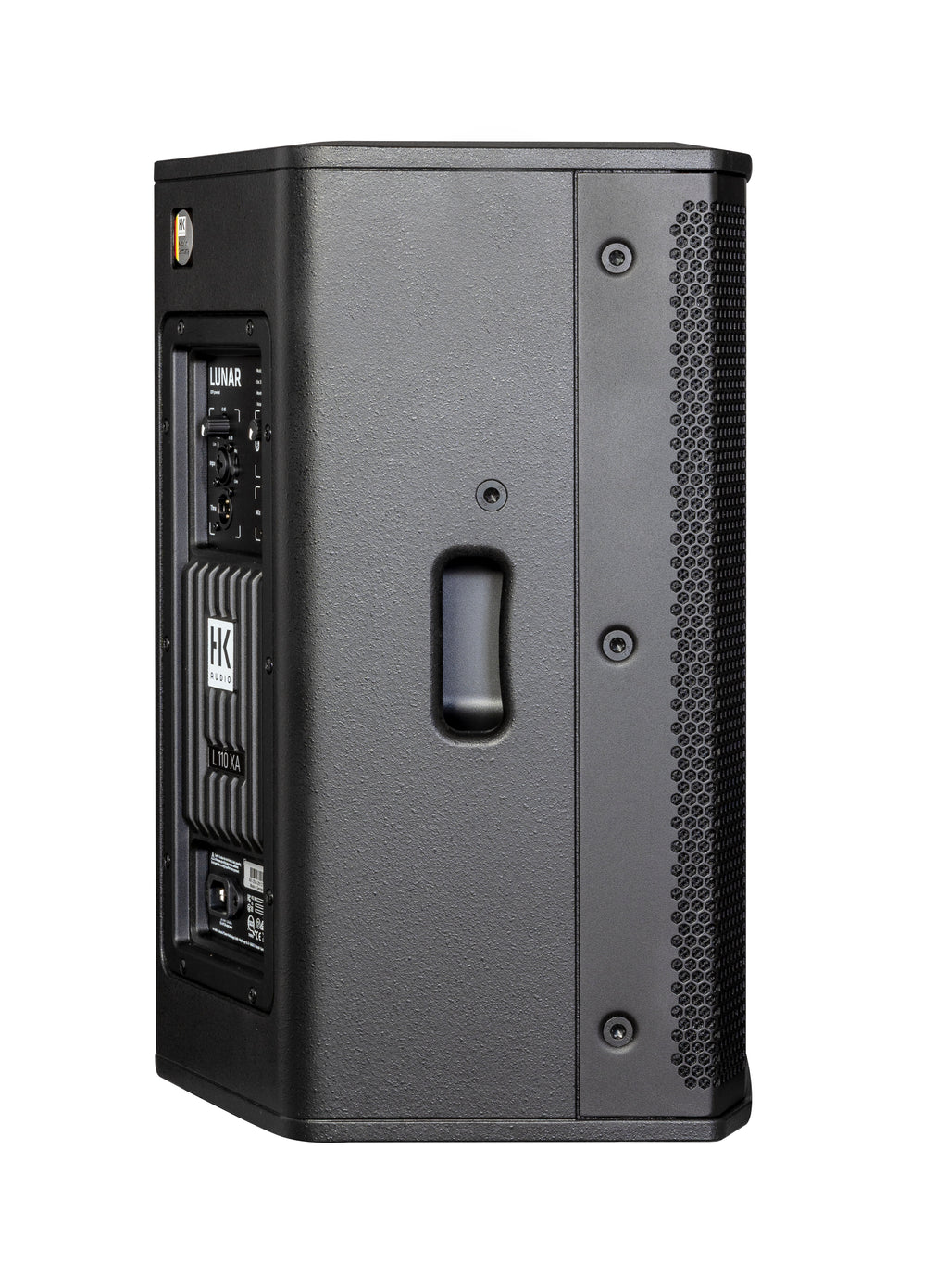 HK Audio LUNAR 110XA active powered PA speaker, shown from the left side, with control panel and speaker grille visible.