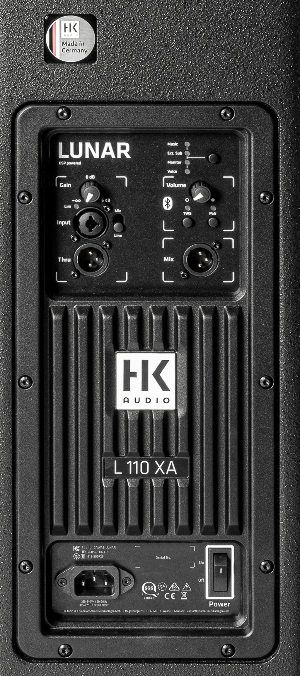 HK Audio LUNAR 110XA active powered PA speaker with control panel and audio input ports.