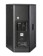 HK Audio LUNAR 112XA active powered PA speaker shown from the back, featuring control panel and input connections.