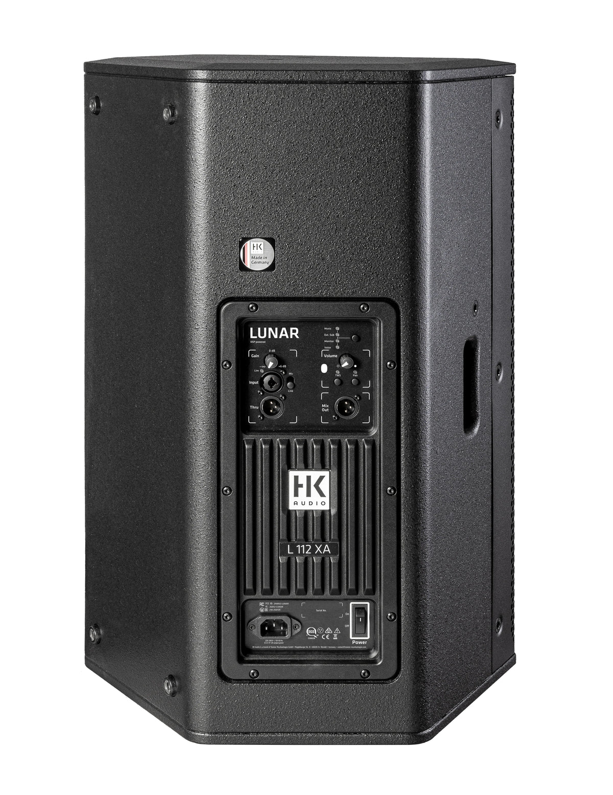 HK Audio LUNAR 112XA active powered PA speaker shown from the back, featuring control panel and input connections.