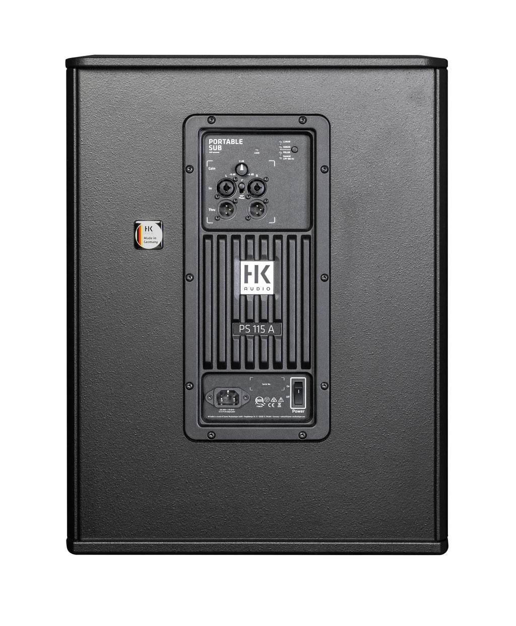 HK Audio Portable SUB 115A active subwoofer with rear panel showing input and control ports for powered speaker setup.