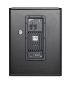 HK Audio Portable SUB 115A active subwoofer with rear panel showing input and control ports for powered speaker setup.