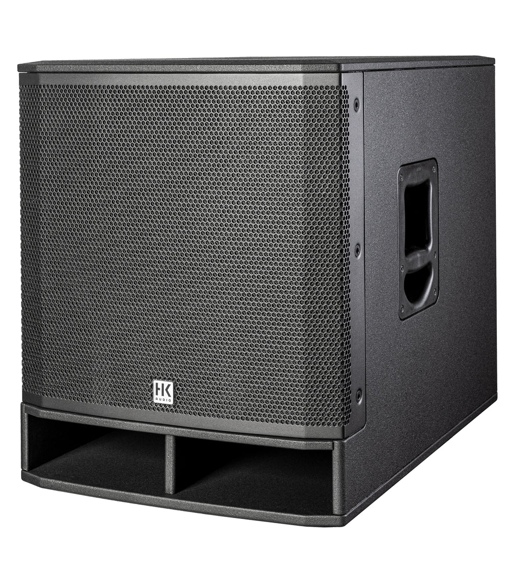 HK Audio Portable SUB 115A active powered subwoofer with slanted design, compact speaker for enhanced bass and portable audio setups.