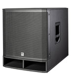 HK Audio Portable SUB 115A active powered subwoofer with slanted design, compact speaker for enhanced bass and portable audio setups.