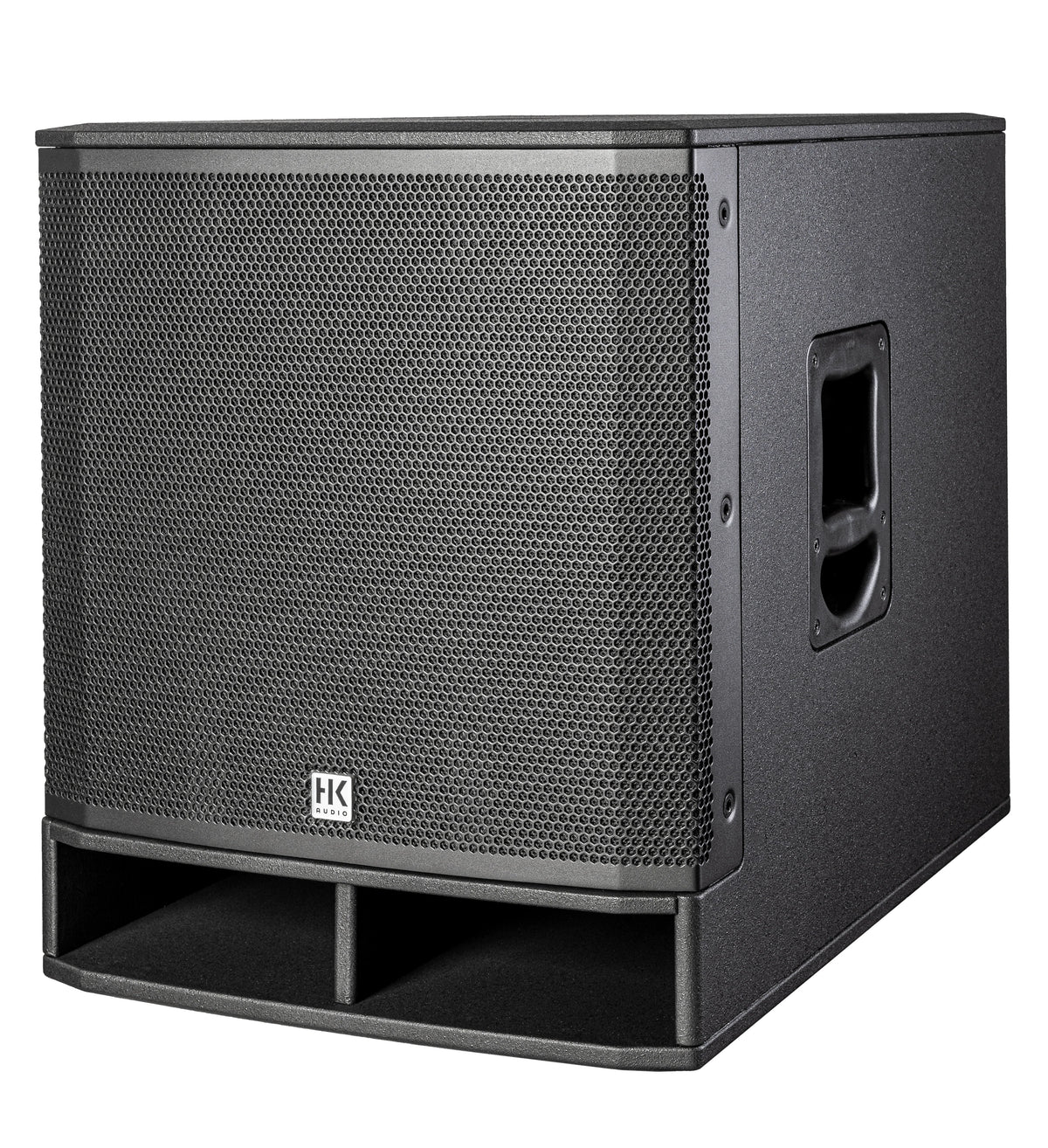 HK Audio Portable SUB 115A active powered subwoofer with slanted design, compact speaker for enhanced bass and portable audio setups.