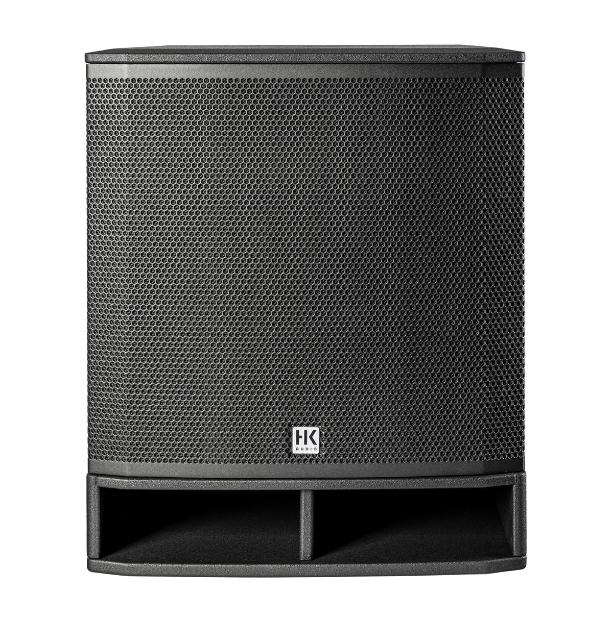 HK Audio Portable SUB 118A active subwoofer with powered speaker design, featuring a sturdy black enclosure and connection ports.