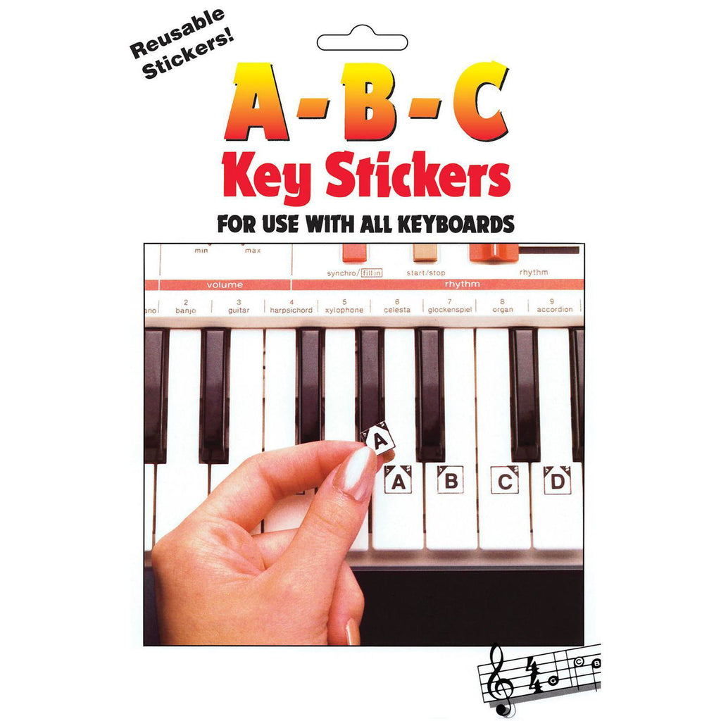 ABC keyboard stickers for piano, educational book from Hal Leonard, showing colorful letter labels on piano keys.