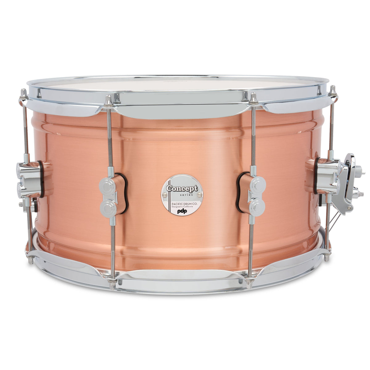 PDP Concept Series 14x8 copper snare drum with polished copper finish, metal lugs, and drum hoops, close-up view.