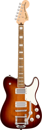 Squier Paranormal Troublemaker Tele Deluxe electric guitar with Bigsby tremolo in honey sunburst finish, showing the guitar's body and hardware.