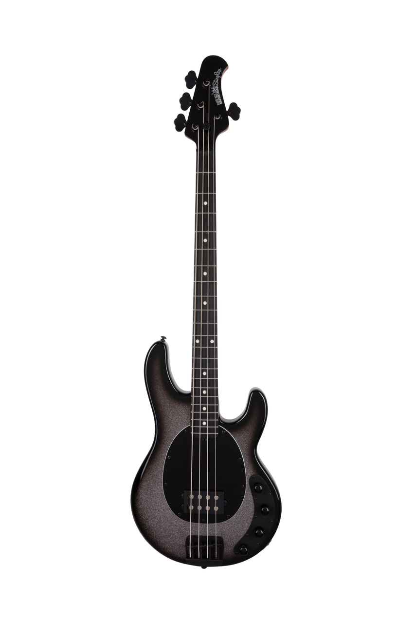 Ernie Ball Music Man Stingray Special 4H bass guitar with smoked chrome finish, showing the body and neck details.