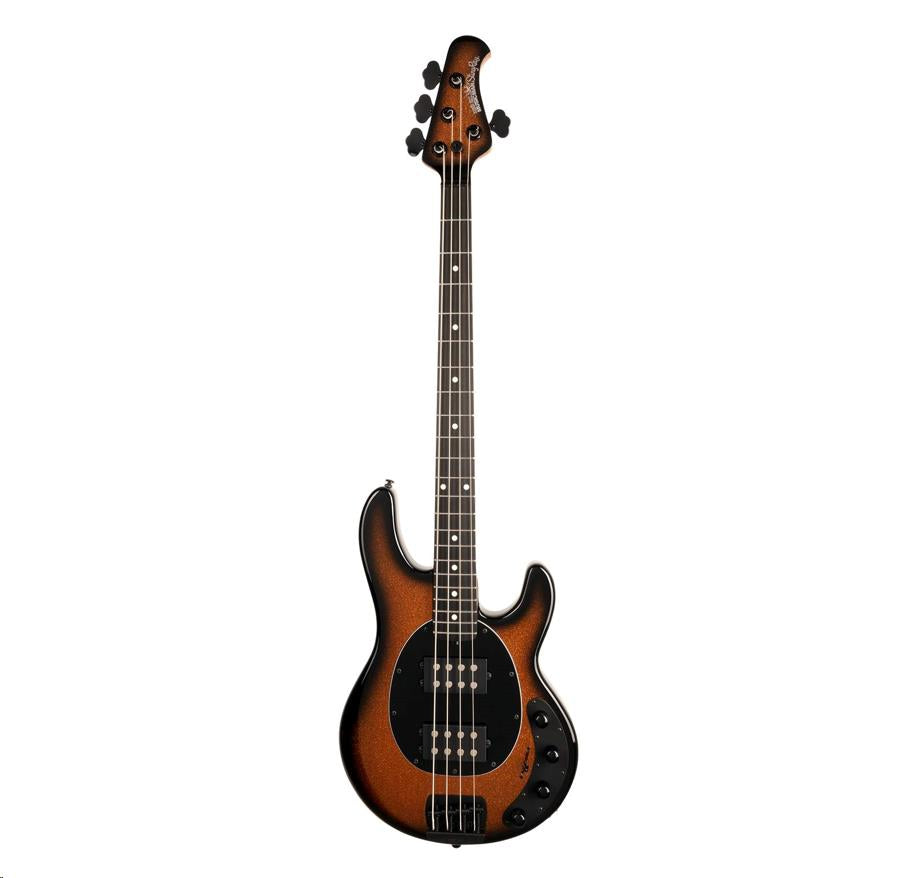 Ernie Ball Musicman StingRay Special HH electric bass guitar with roasted maple neck and black body, detailed close-up shot.