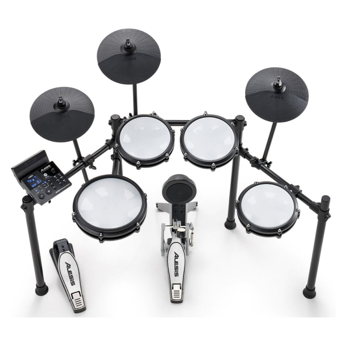 Alesis Nitro Max 8-piece electronic drum kit with mesh heads and Bluetooth connectivity, displayed with drum pads and cymbals.